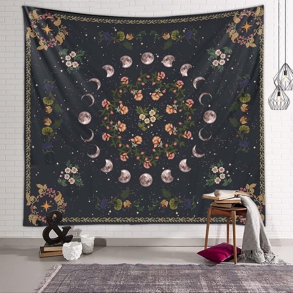 Floral Plants Moon Phase Tapestry, Black Background Botanical Tapestries Wall Ha